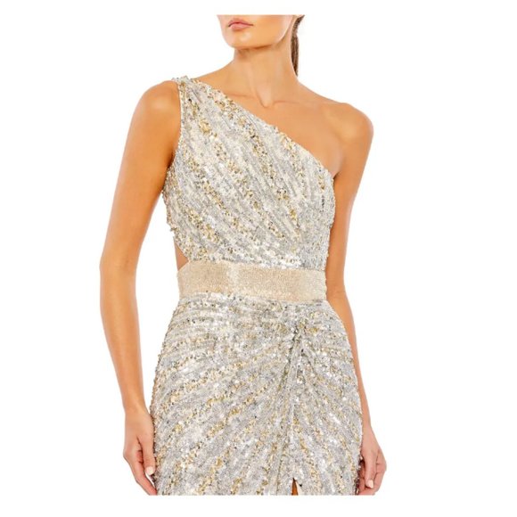 MAC DUGGAL ONE SHOULDER SEQUIN BEADED LACE UP BACK NUDE/SILVER GOWN sz 10 - Picture 2 of 4